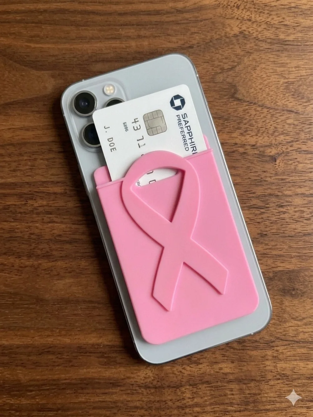 Hot Pink Silicone Phone Card Pocket with Ribbon Emblem breast, cancer awareness